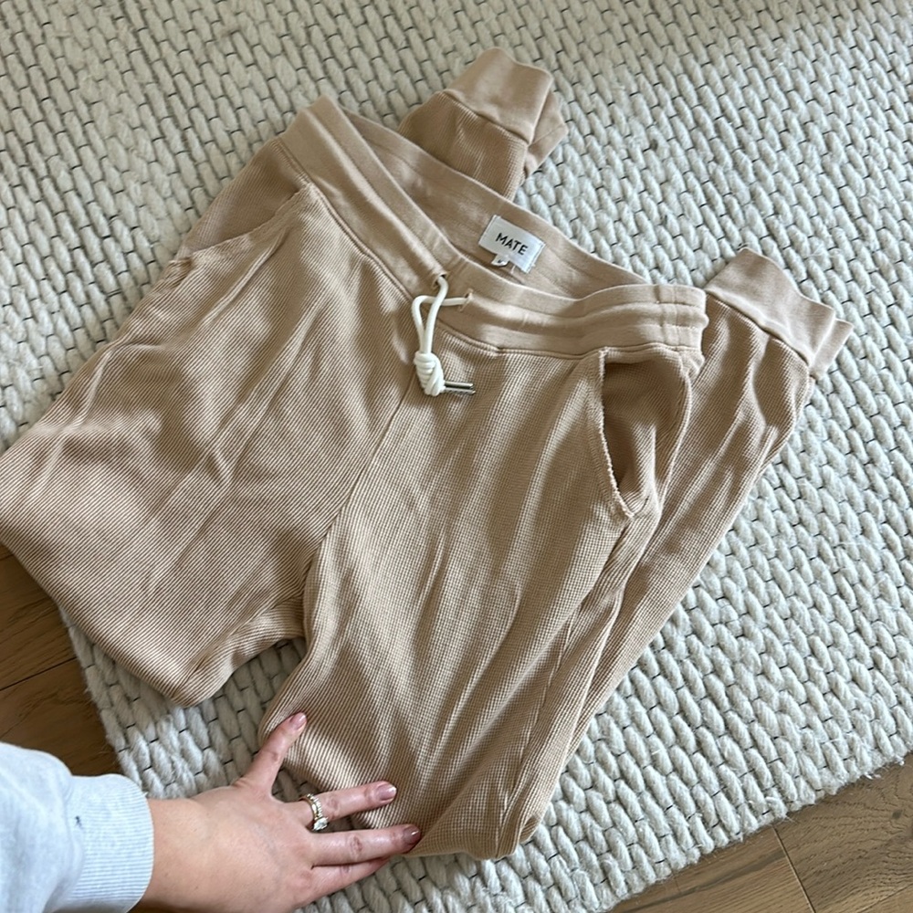 MATE the LABEL organic cotton waffle knit thermal joggers pajamas beige pants